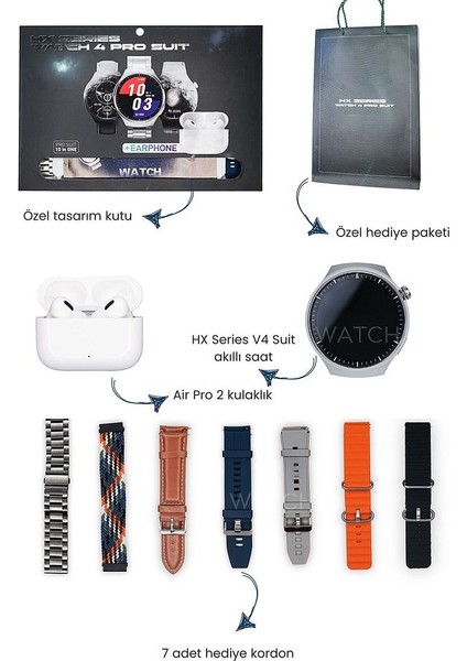 Hx Series V4 Suit Yuvarlak Akıllı Saat 7 Kordon ve Kulaklık Hediyeli Akıllı Saat