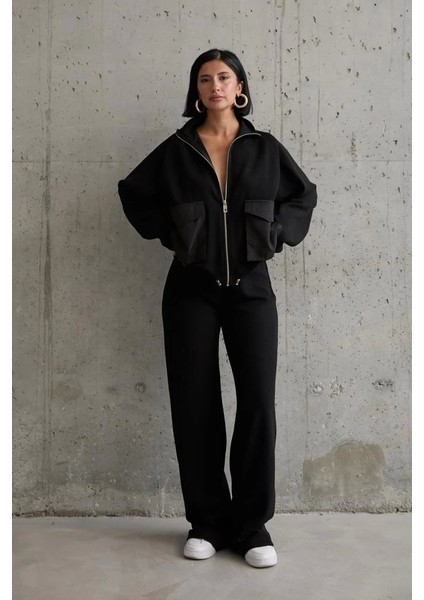 Siyah Cepli Triko Ceket ve Pantolon Takım