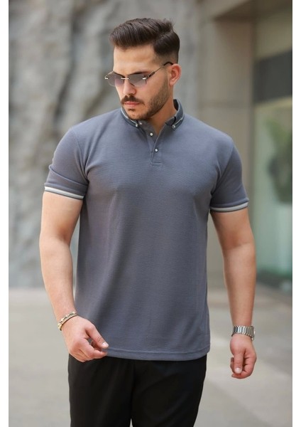 Erkek Düğmeli Yaka Waffle Kumaş Kısa Kollu Tişört