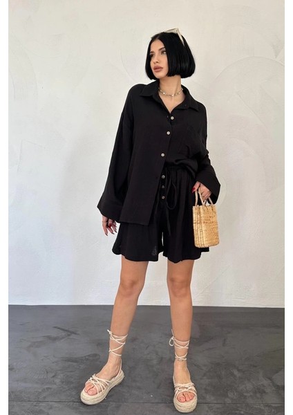 Siyah Gömlek ve Müslin Şort Takım