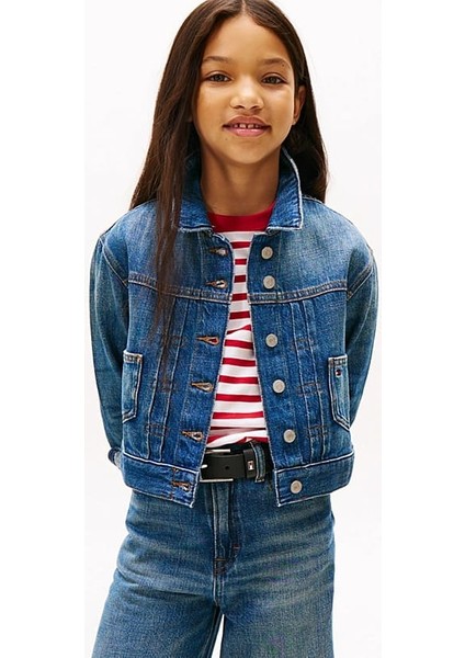 Kız Çocuk Sırtı Nakış Işlemeli Denim Ceket - Mavi