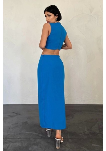 Turkuaz Kuşaklı Crop ve Etek Takım modelleri