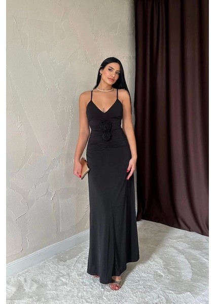 Siyah Büzgülü Uzun Güllü Elbise modelleri