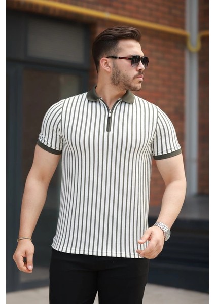 Erkek Çizgili Fermuar Yakalı Kısa Kollu Tişört