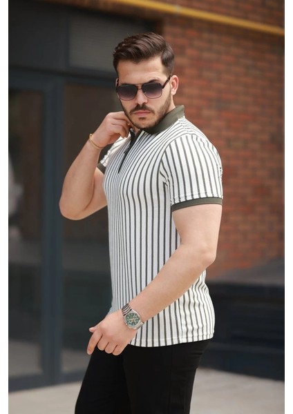Erkek Çizgili Fermuar Yakalı Kısa Kollu Tişört fiyatları