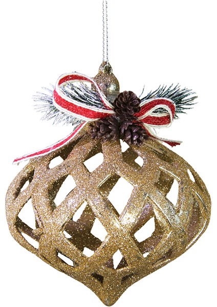 Yılbaşı Süsü Kozalaklı Simli Topaç Şampanya 14 cm