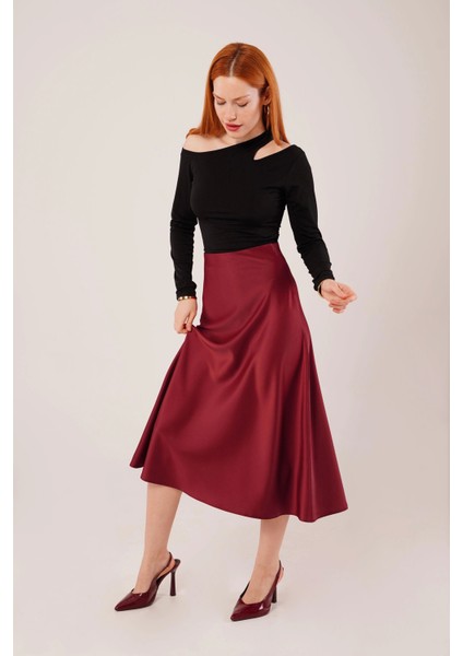 Çan Kesim Midi Bordo Saten Etek modelleri