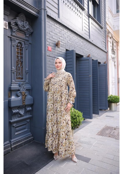 O Yaka Çiçek Desenli Büzgülü Uzun Elbise - (38-46) - 71290 - Yağ Yeşili fiyatları