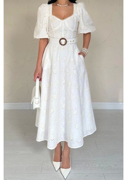 Ekru Göğüs Kup Detaylı Kemerli Brode Elbise modelleri