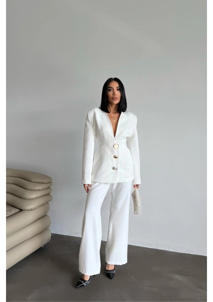 Tasarım Ceket-Pantolon Takım Metal Düğme Detaylı - Beyaz