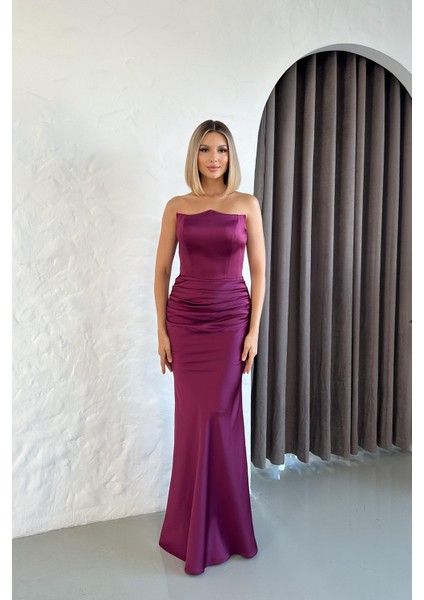 Straplez Saten Uzun Mürdüm Abiye