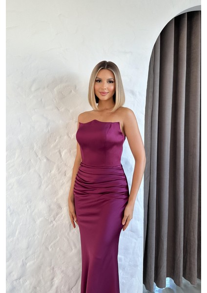 Straplez Saten Uzun Mürdüm Abiye fiyatları