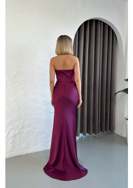 Straplez Saten Uzun Mürdüm Abiye modelleri