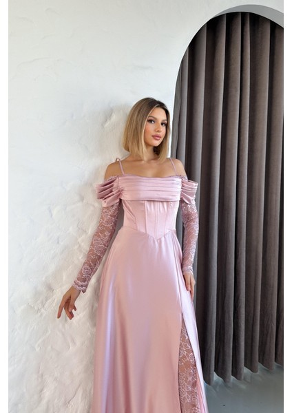 Kolları Dantelli Pudra Saten Abiye Elbise indirimleri