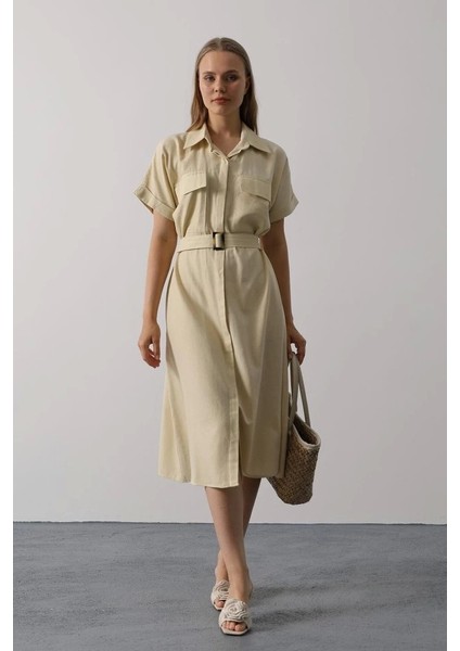 Kuşaklı Cep Detaylı Yarım Kol Elbise - Ekru