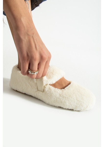 Ekru Peluş Kışlık Düz Taban Kadın Babet FT3939 modelleri