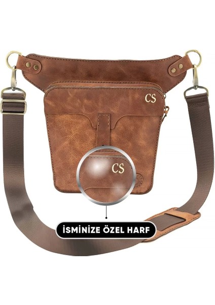 Isme Özel All In One Bel ve Bacak Çantası - %100 Deri - AC15001 - Kahverengi