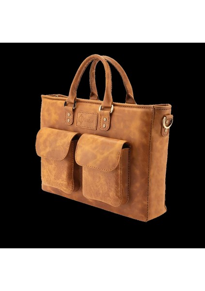 Isme Özel Askılı Cepli Evrak - Laptop Çantası - %100 Rainbow Deri - AC09002 - Camel modelleri