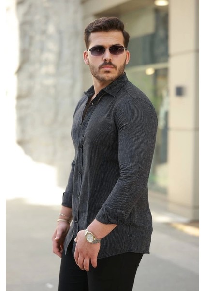 Erkek Çizgi Desenli Uzun Kollu Pamuklu Keten Gömlek fiyatları