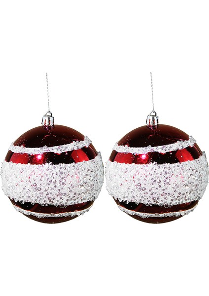 Yılbaşı Süsü Çizgili 2'li Top Kırmızı Beyaz 10 cm