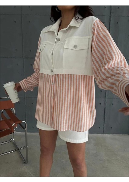 Gabardin Şort - Gabardin - Çizgili Keten Garnili Ceket Takım - Orange fırsatları