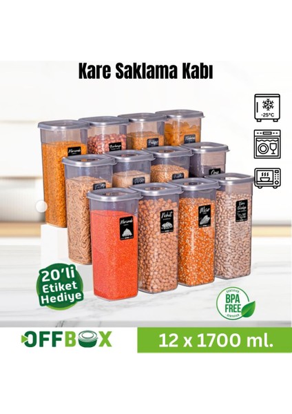 Kare Bakliyat Baharat Gıda Saklama Kabı - 1.7 Lt. - 12 Adet