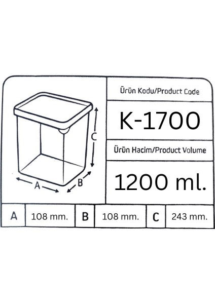 Kare Bakliyat Baharat Gıda Saklama Kabı - 1.7 Lt. - 12 Adet fiyatları
