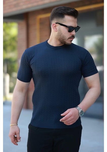 Erkek Bisiklet Yaka Örgü Desenli Kısa Örme Triko Kısa Kollu T-Shirt