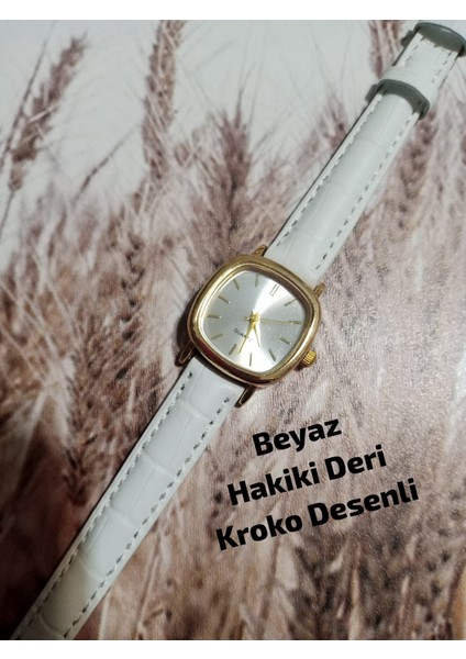 Vintage Retro Still Marka Model Oval Charmlı Gold Kasa - Hakiki Deri Beyaz Kordon Kadın Kol Saati 0021