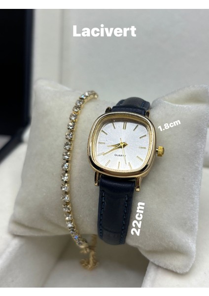 Retro Still Marka Model Vintage Oval Suyolu Bileklik Gold Kasa - Hakiki Deri Lacivert Kordon Kadın Kol Saati 0021