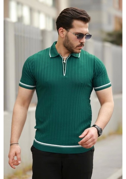 Erkek Fermuarlı Yakalı Kısa Kollu T-Shirt