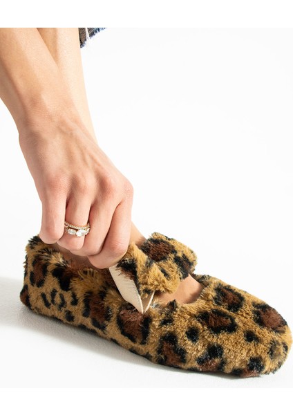 Leopar Peluş Kışlık Düz Taban Kadın Babet FT3939 modelleri