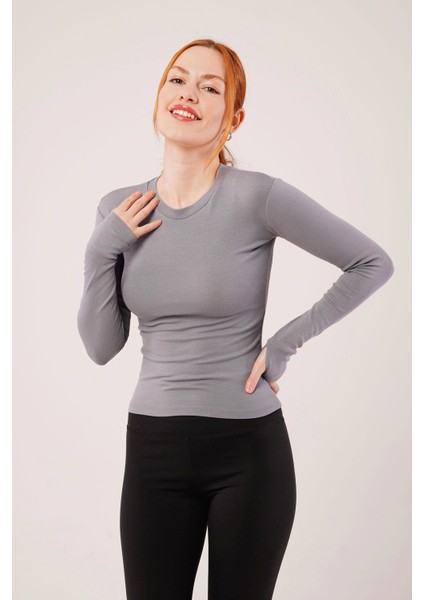 Uzun Kollu Basic Gri Bluz