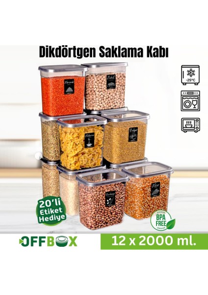 Dikdörtgen Bakliyat Baharat Gıda Saklama Kabı - 2 Lt. - 12 Adet