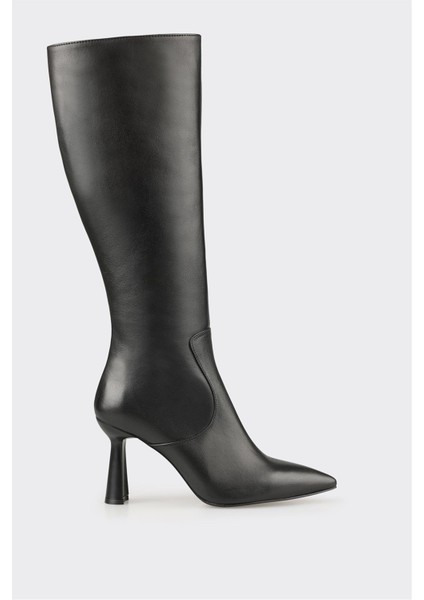 Siyah Deri Kadın Topuklu Çizme