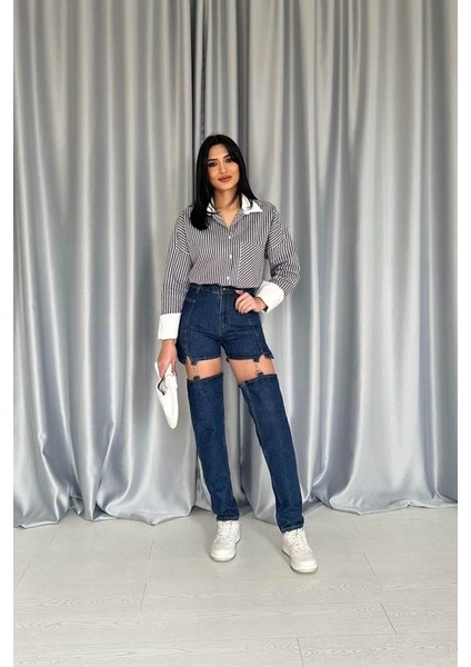 Mavi Askılı Iki Parça Jeans Pantolon