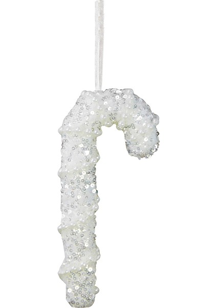 Yılbaşı Süsü Incili Simli Baston Beyaz 15 cm