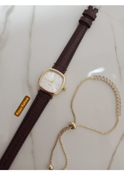 Koyu Kahve Kordon Retro Still Marka Model Vintage Oval Suyolu Bileklik Gold Kasa Kadın Kol Saati 0021