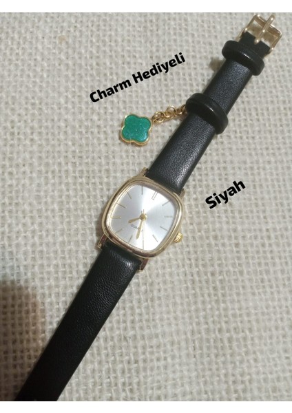 Marka Model Retro Still Vintage Oval Charmlı Gold Kasa - Siyah Kordon Kadın Kol Saati 0021