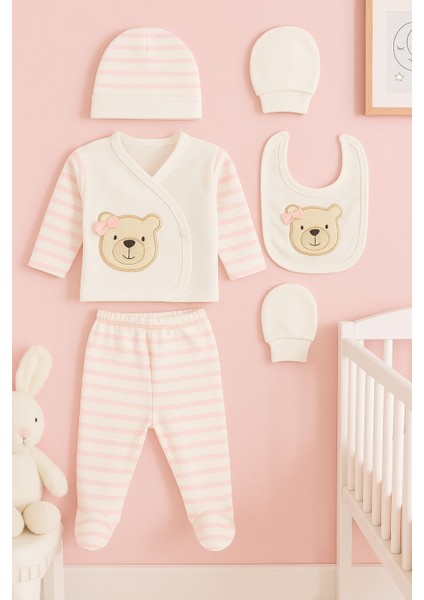 %100 Pamuk Bebek Pembe Ayıcıklı Penye 5li Set, Hastane Çıkış Yeni Doğan Hediyelik Set