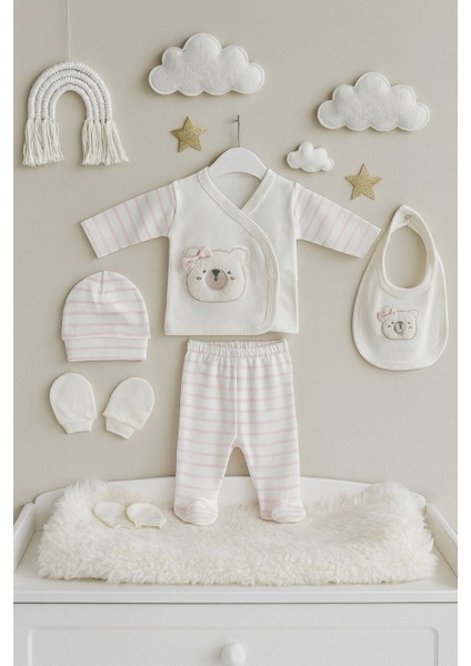 %100 Pamuk Bebek Pembe Ayıcıklı Penye 5li Set, Hastane Çıkış Yeni Doğan Hediyelik Set modelleri