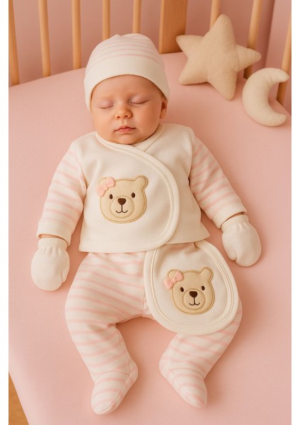 %100 Pamuk Bebek Pembe Ayıcıklı Penye 5li Set, Hastane Çıkış Yeni Doğan Hediyelik Set fırsatları