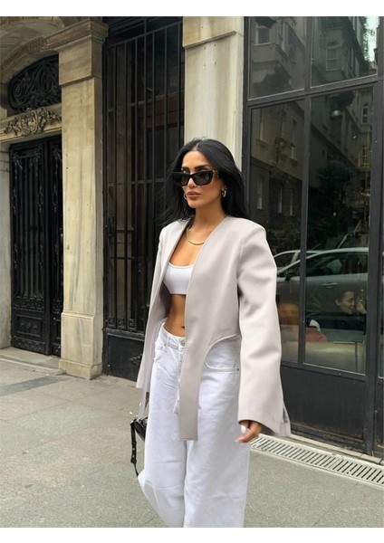 Crop Ceket Bağlama Kuyruklu - Gri