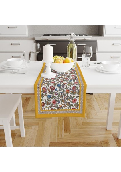 Colorful Flowers Runner 140X45CM Renkli Çiçek, Ince Keten Uluslararası Yıkama ve Solmama Sertifikası