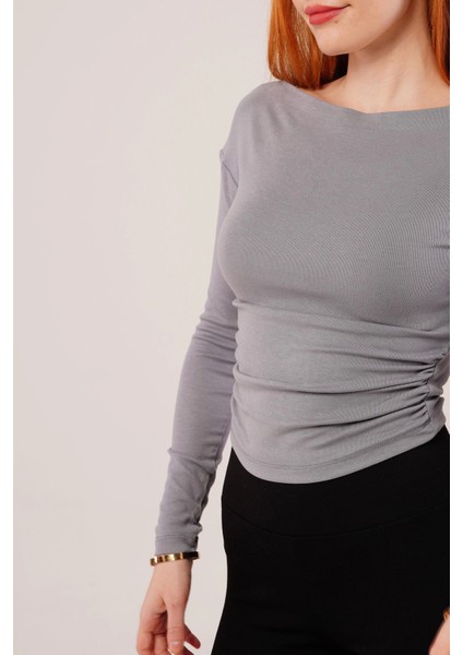 Yaka Detay Uzun Kollu Basic Gri Bluz modelleri