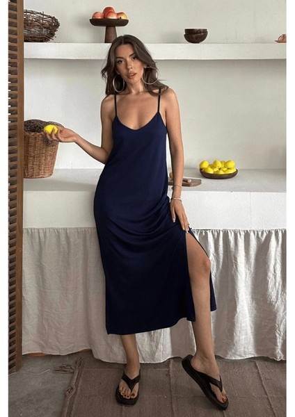 Kadın Siyah Asansör Askılı Çift Yırtmaçlı Helen Elbise