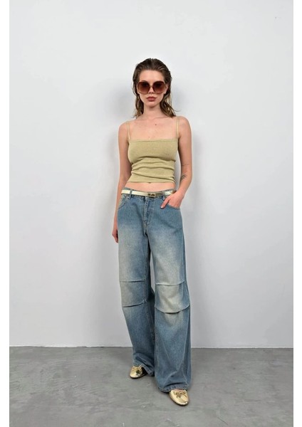 Askı Detay Parlak Triko Bluz