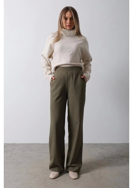 Beli Yarım Lastikli Palazzo Pantolon - Haki fiyatları