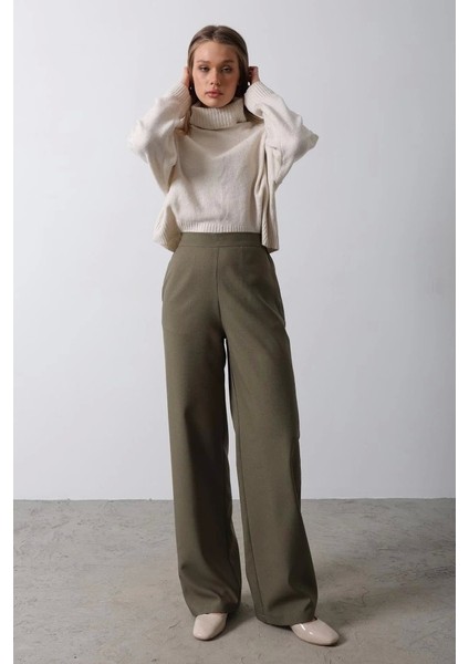Beli Yarım Lastikli Palazzo Pantolon - Haki modelleri
