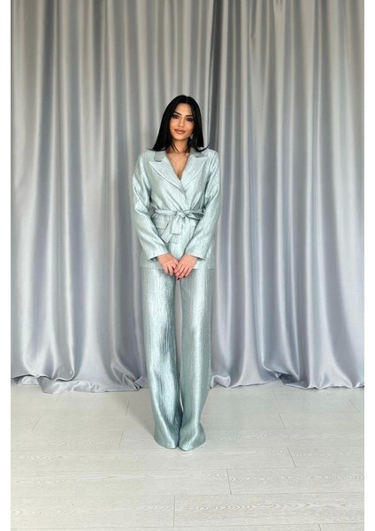 Mint Beli Kuşaklı Ceket ve Pantolon Parlak Takım fiyatları